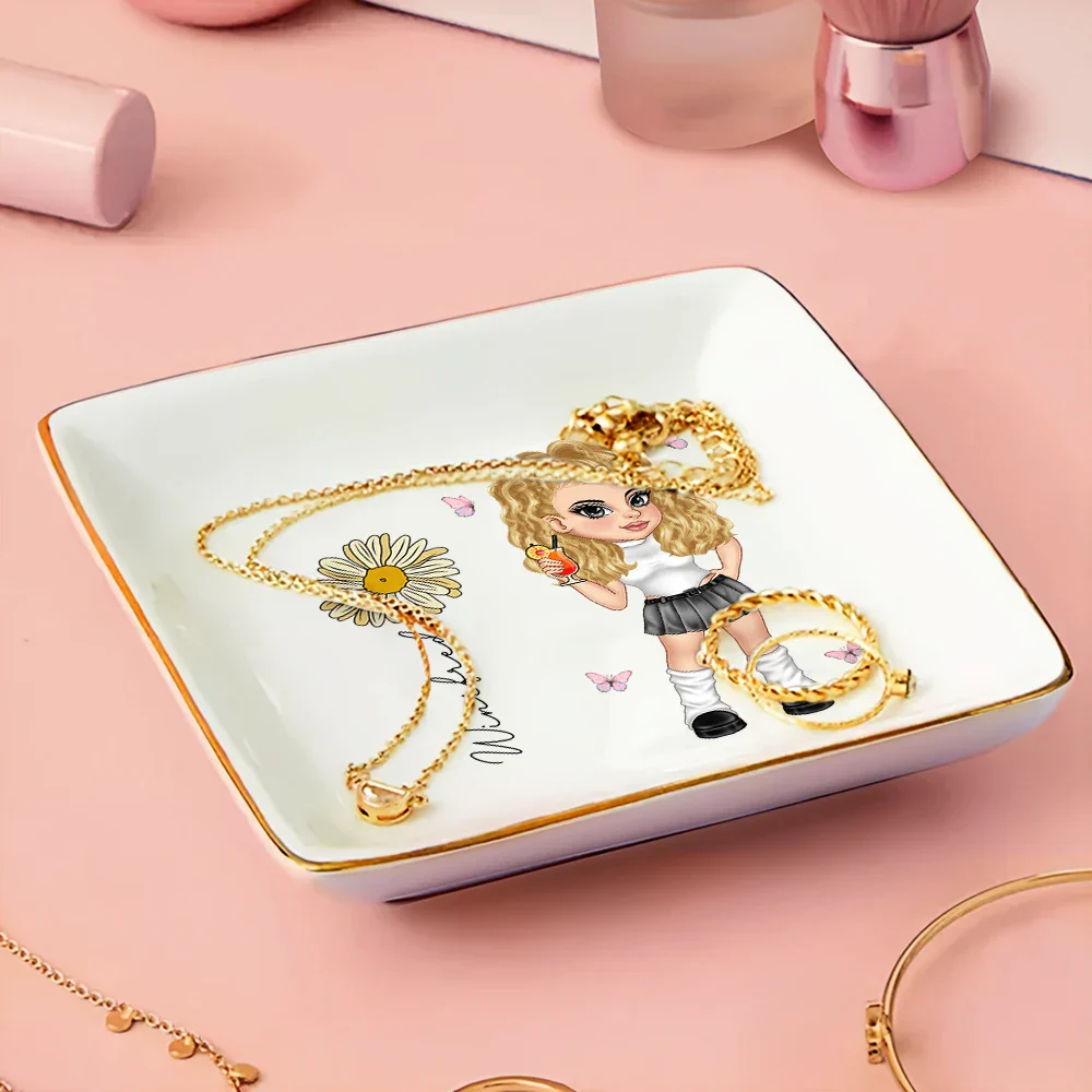 Y2K Girl With Birth Flowers - Personalized Ring Dish - Image 3