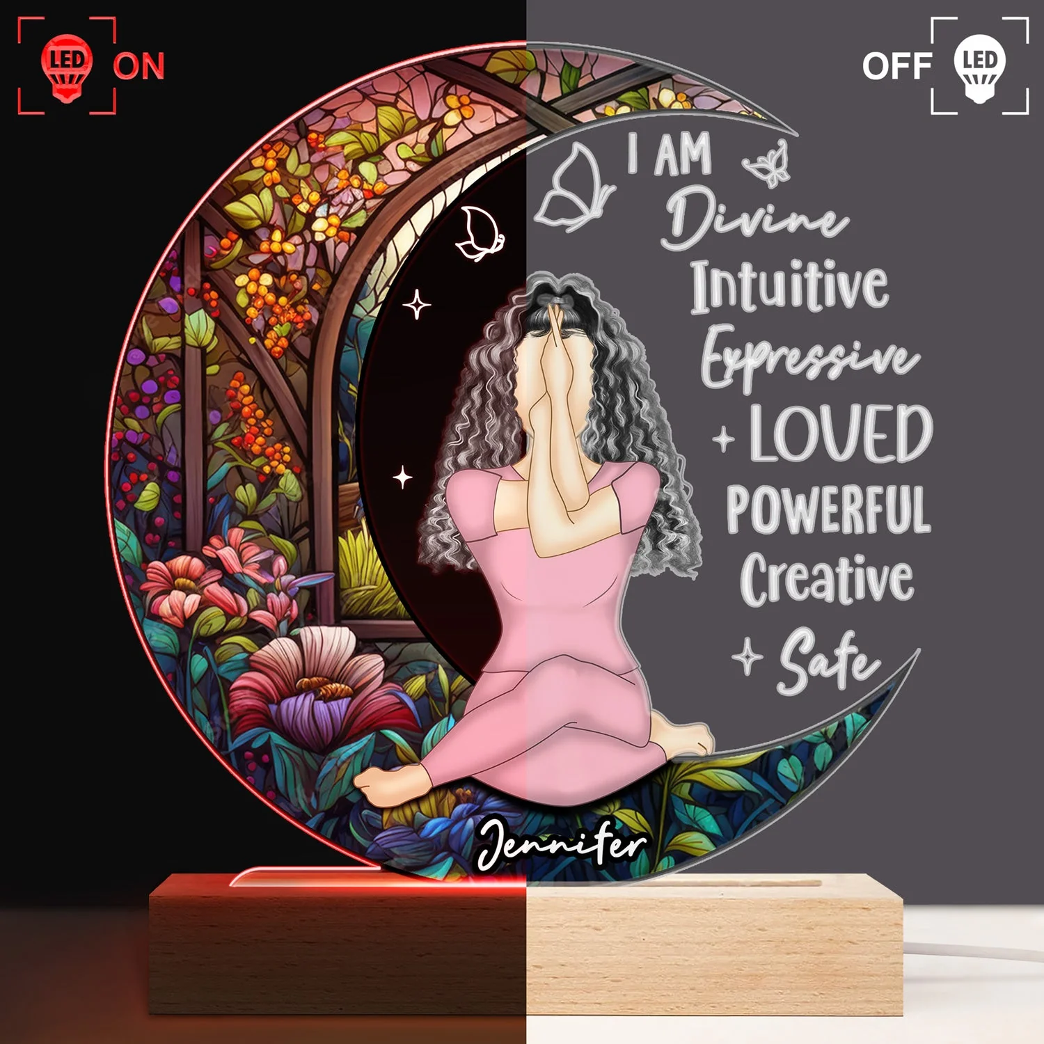 Yoga I Am Divine - Gift For Yourself - Personalized 3D Led Light Wooden Base - Image 2