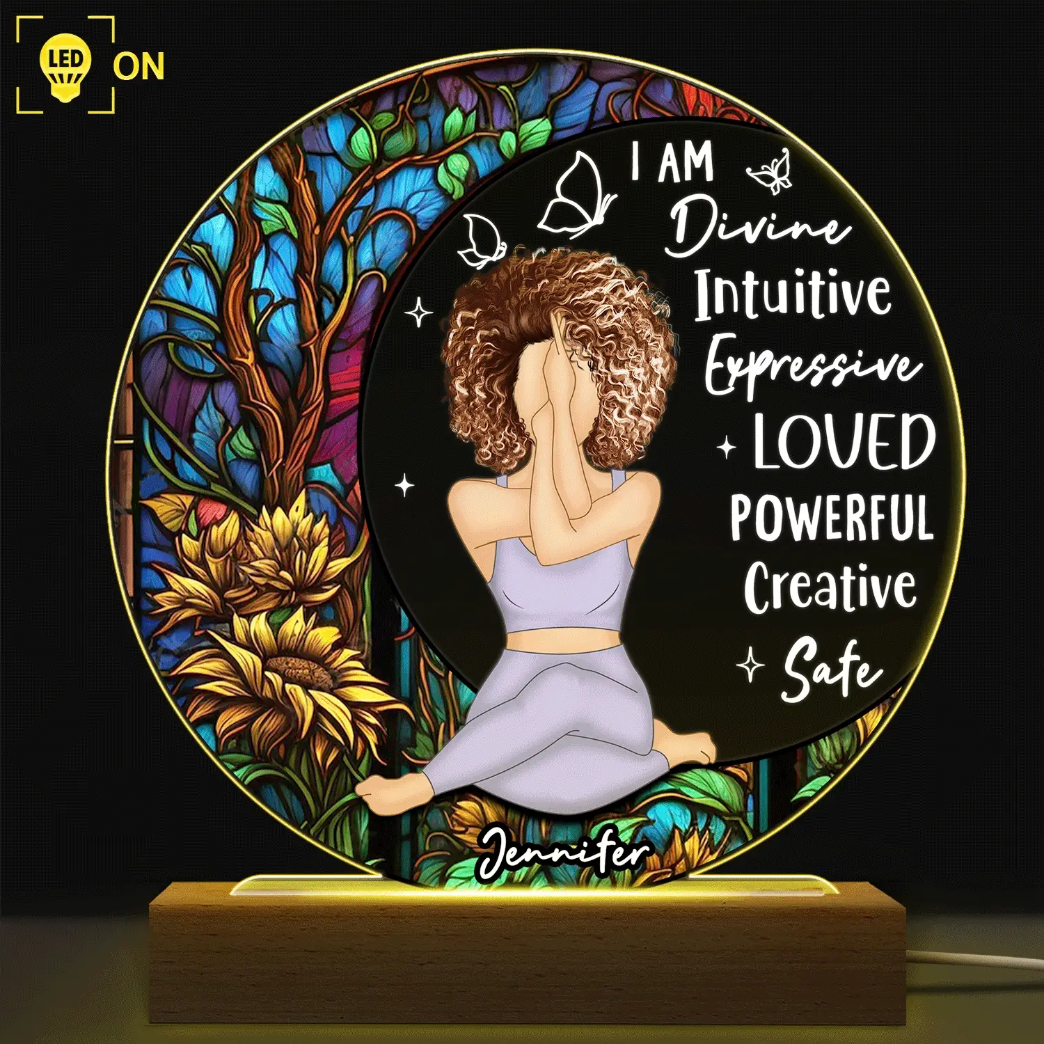 Yoga I Am Divine - Gift For Yourself - Personalized 3D Led Light Wooden Base - Image 3