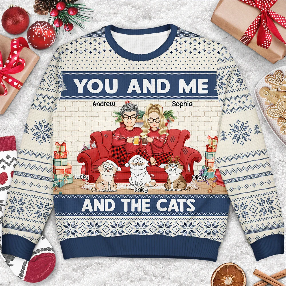 You And Me And The Cat - Personalized Unisex Ugly Sweater - Image 3