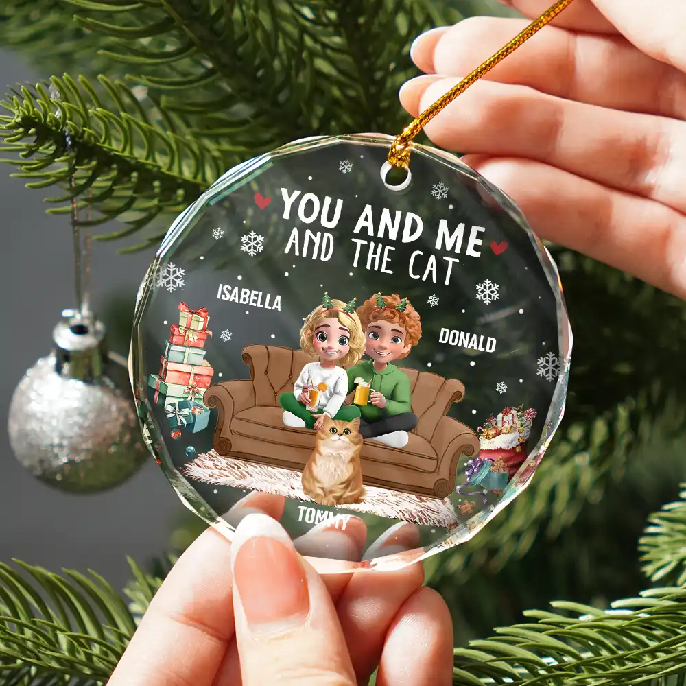 You And Me And The Cats 3d Effect - Personalized Circle Glass Ornament - Image 2