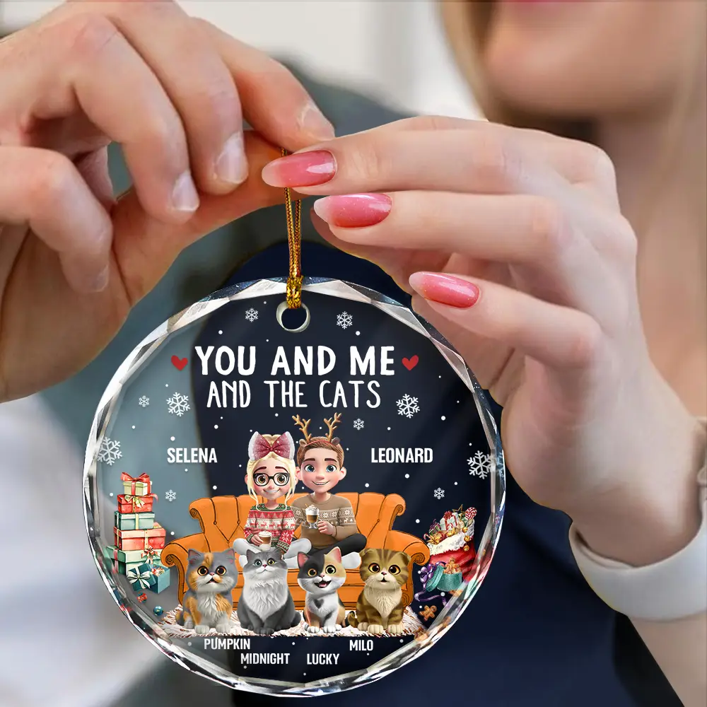 You And Me And The Cats 3d Effect - Personalized Circle Glass Ornament - Image 4