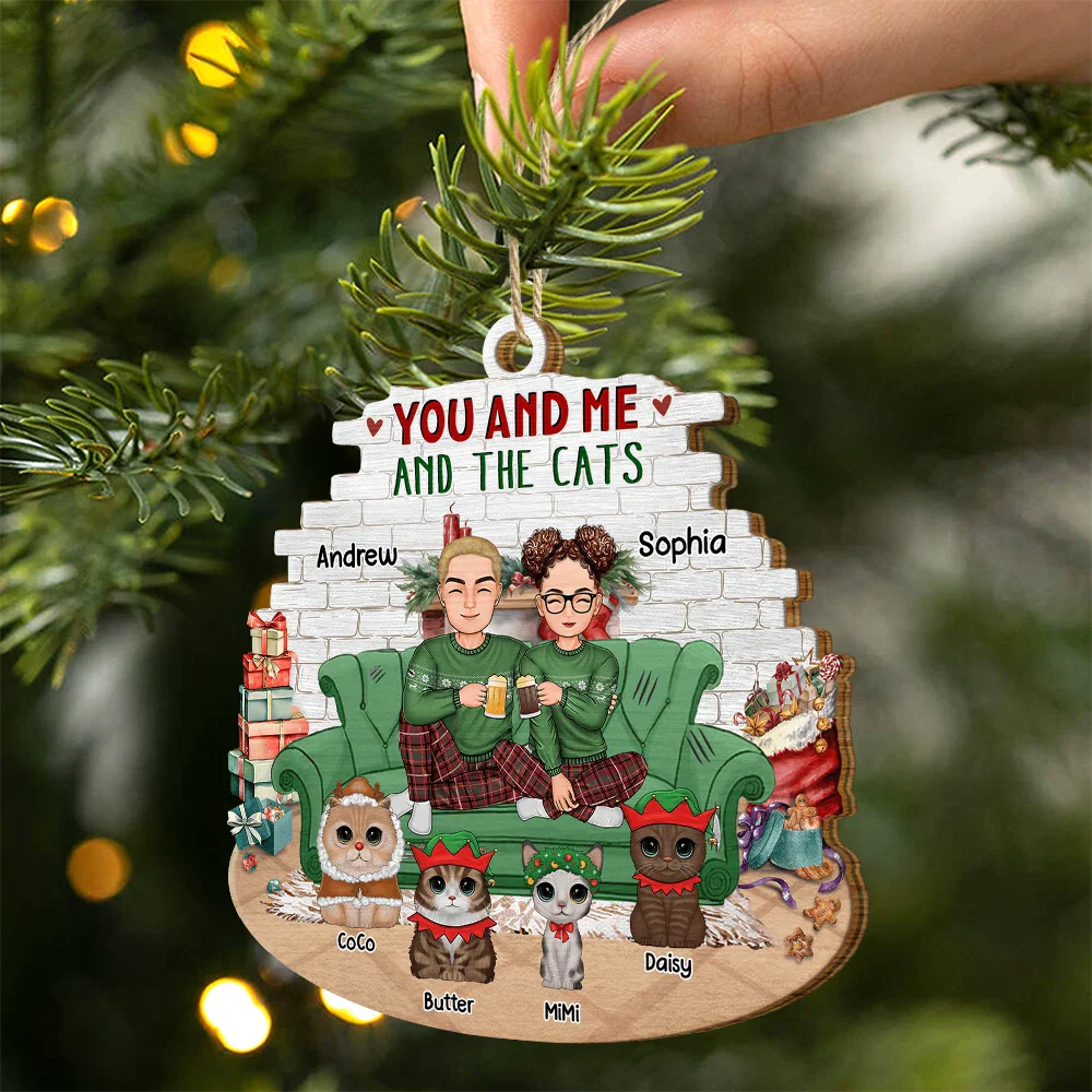 You And Me And The Cats Big Eyes Christmas - Personalized Custom Shaped Wooden Ornament - Image 2