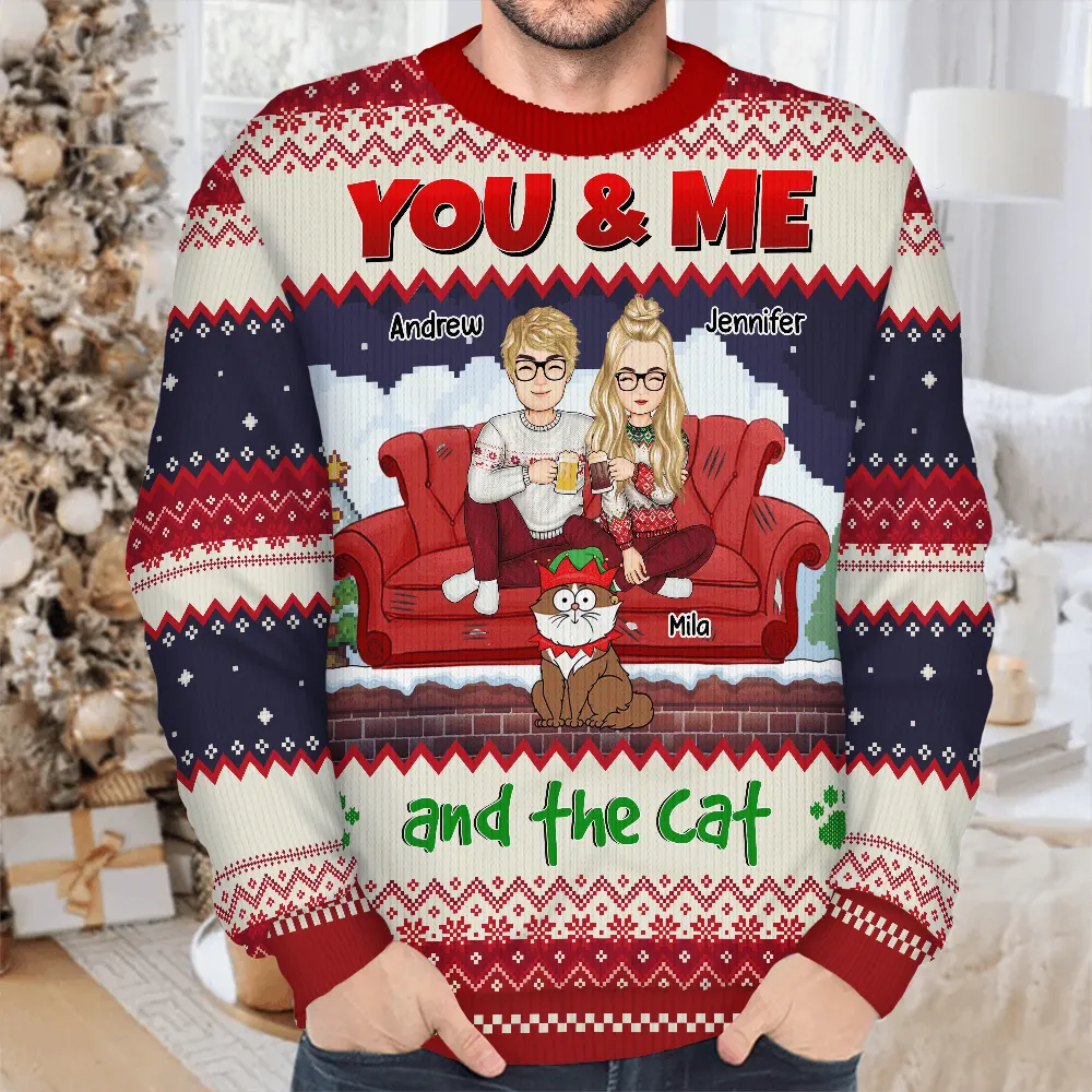 You And Me And The Cats Cartoon Christmas - Personalized Unisex Ugly Sweater - Image 4