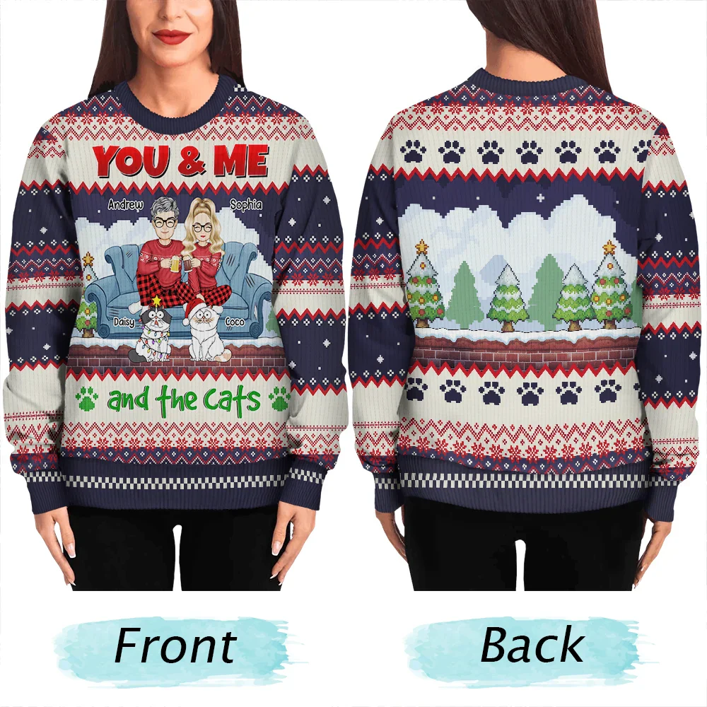 You And Me And The Cats Cartoon Christmas - Personalized Unisex Ugly Sweater - Image 5