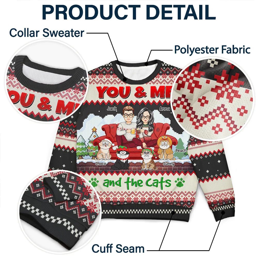 You And Me And The Cats Cartoon Christmas - Personalized Unisex Ugly Sweater - Image 6