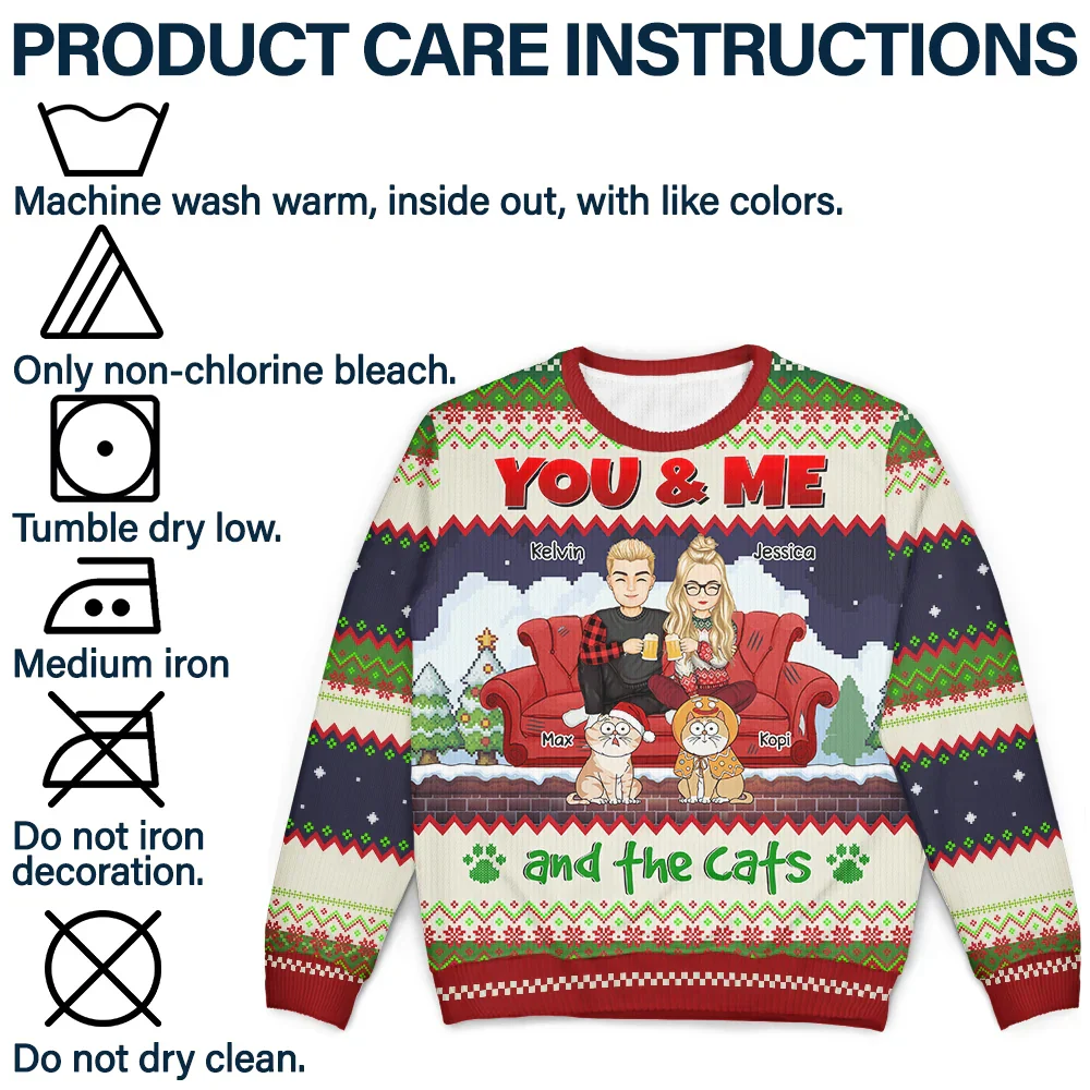 You And Me And The Cats Cartoon Christmas - Personalized Unisex Ugly Sweater - Image 7
