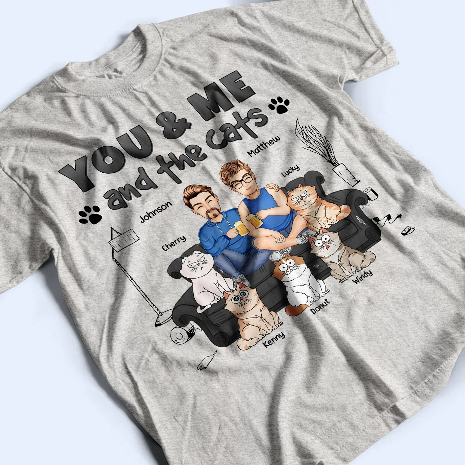 You And Me And The Cats Cartoon - Gift For Cat Lovers - Personalized T Shirt - Image 3