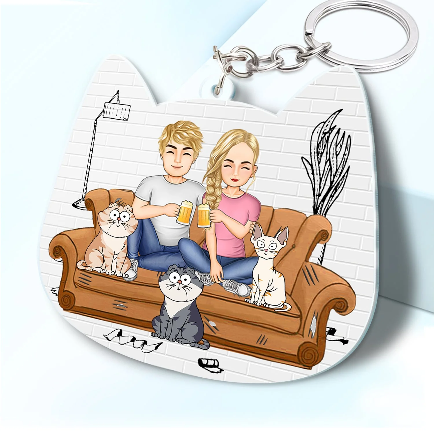 You And Me And The Cats Cat Face Shape - Birthday, Anniversary, Funny Gift For Couple, Pet Lover - Personalized Acrylic Keychain - Image 2