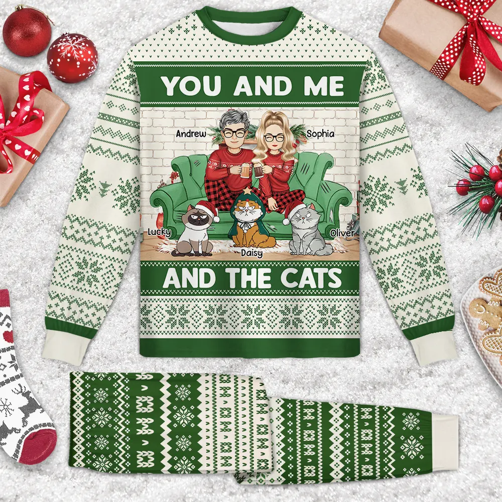 You And Me And The Cats Christmas Couples - Personalized Unisex Pajamas Set - Image 3