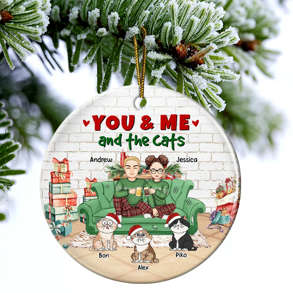 You And Me And The Cats Christmas - Personalized Circle Ceramic Ornament - Image 4