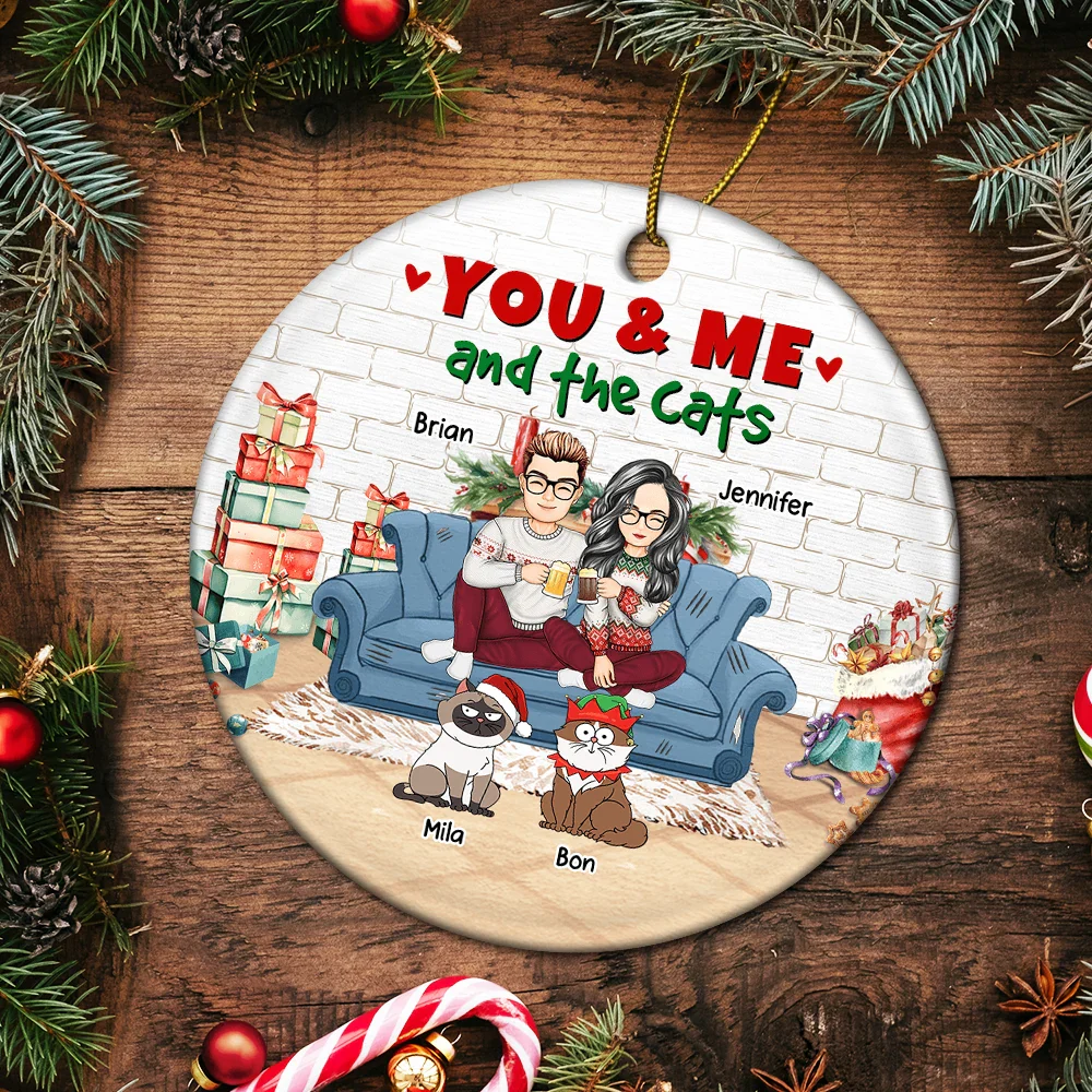 You And Me And The Cats Christmas - Personalized Circle Ceramic Ornament - Image 5