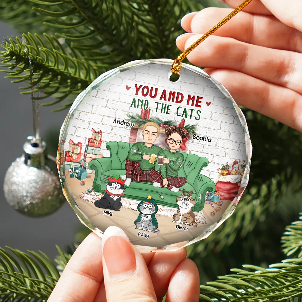 You And Me And The Cats Couple Christmas - Personalized Glass Ornament - Image 2