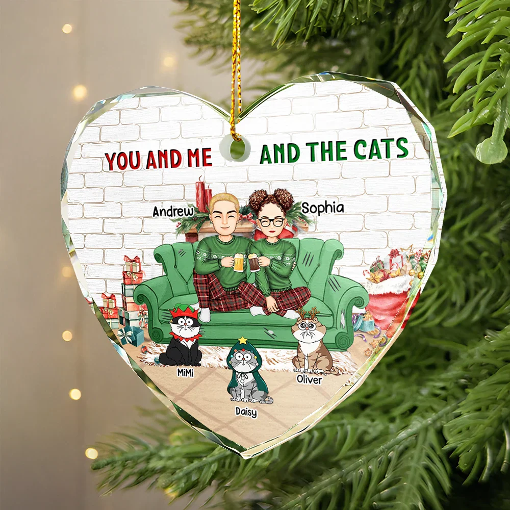 You And Me And The Cats Couple Christmas - Personalized Glass Ornament - Image 4