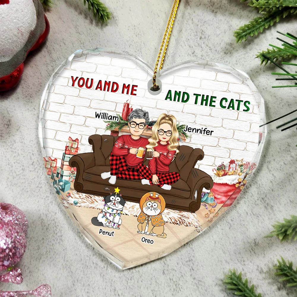 You And Me And The Cats Couple Christmas - Personalized Glass Ornament - Image 5
