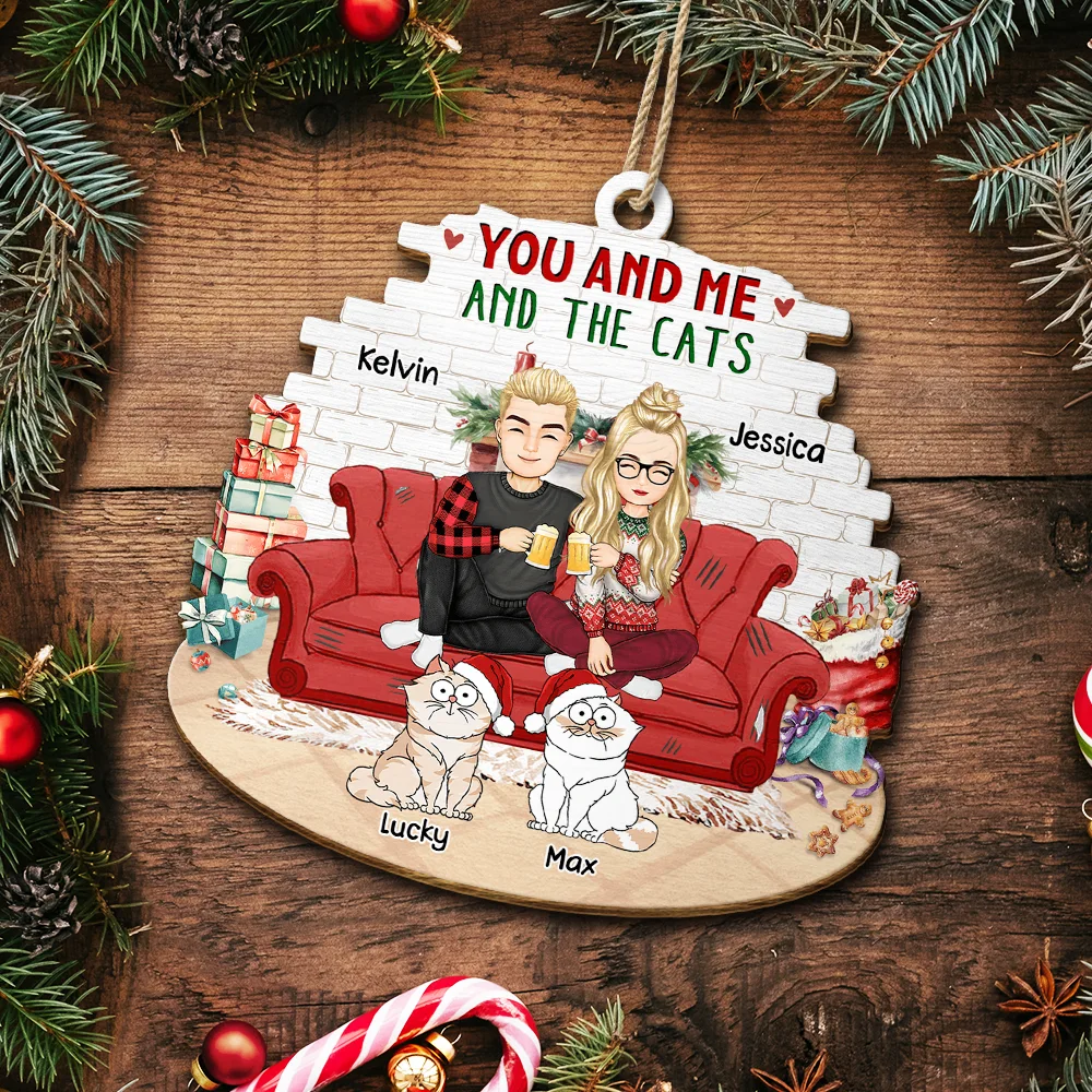 You And Me And The Cats - Personalized Custom Shaped Wooden Ornament - Image 5