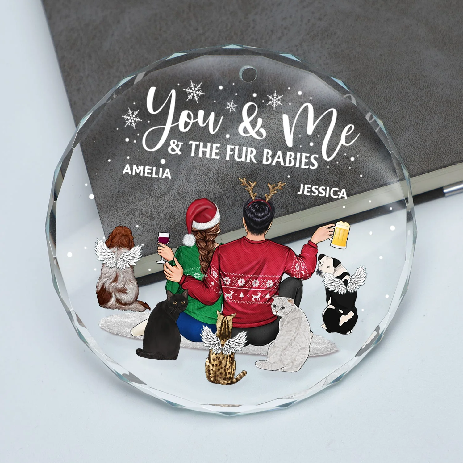 You And Me And The Dogs - Anniversary, Loving Gift For Couples, Dog Lovers, Cat Lovers, Pet Lovers - Personalized Circle Glass Ornament - Image 2
