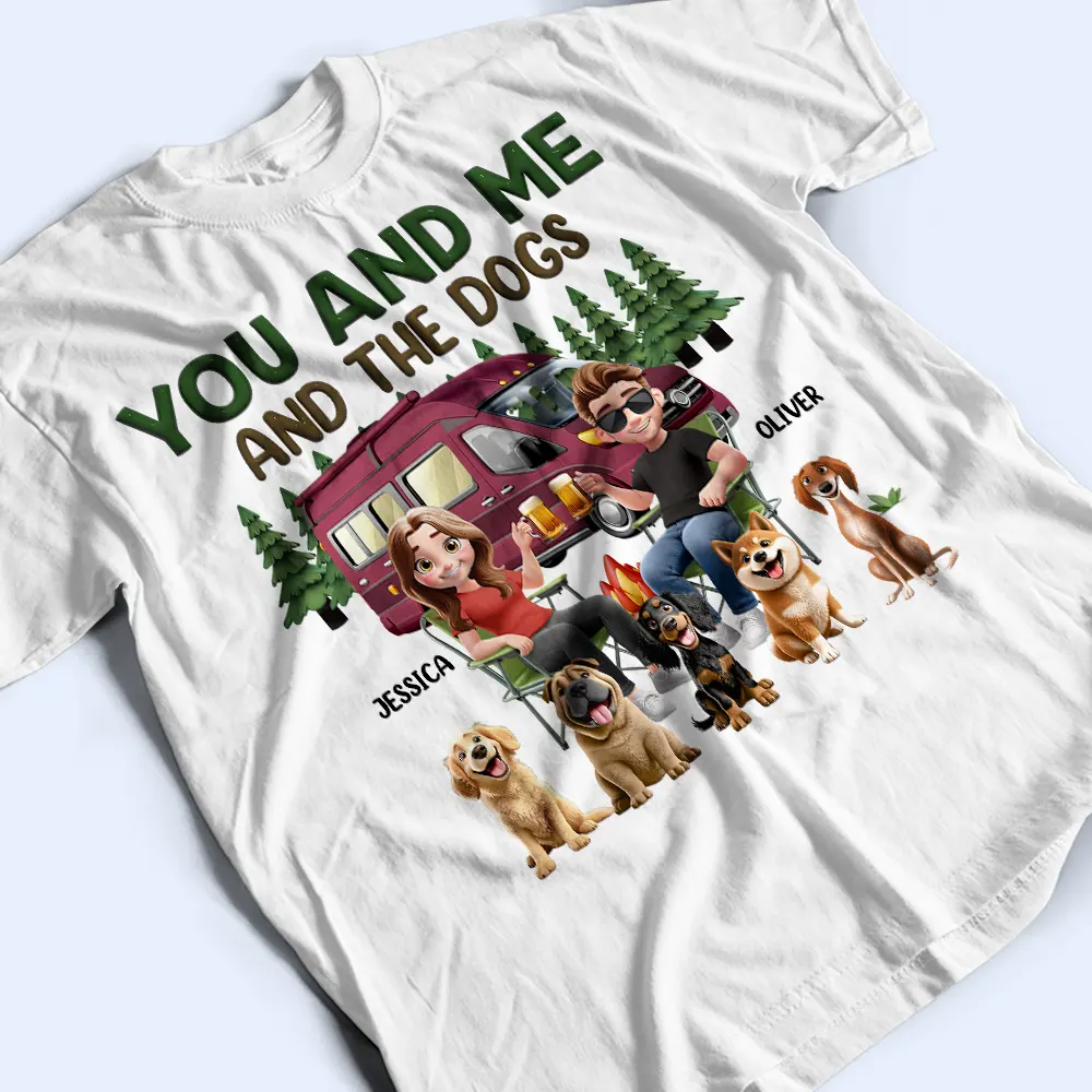You And Me And The Dogs Camping Cartoon - Personalized T Shirt - Image 3