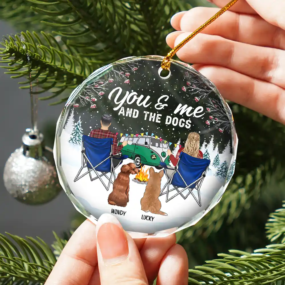 You And Me And The Dogs Camping - Personalized Circle Glass Ornament - Image 2