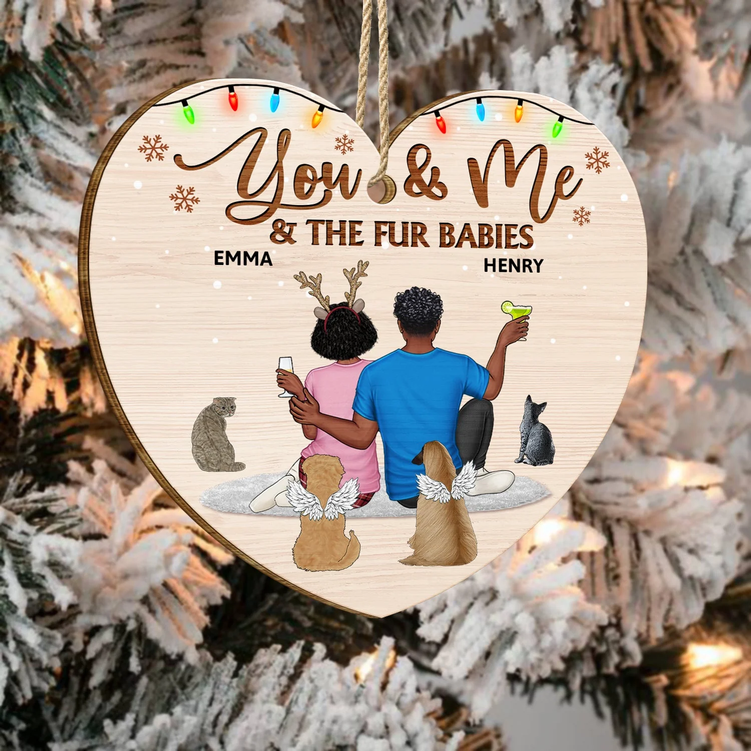 You And Me And The Dogs - Christmas Gift For Couples, Dog Lovers, Cat Lovers, Pet Lovers - Personalized Custom Shaped Wooden Ornament - Image 4