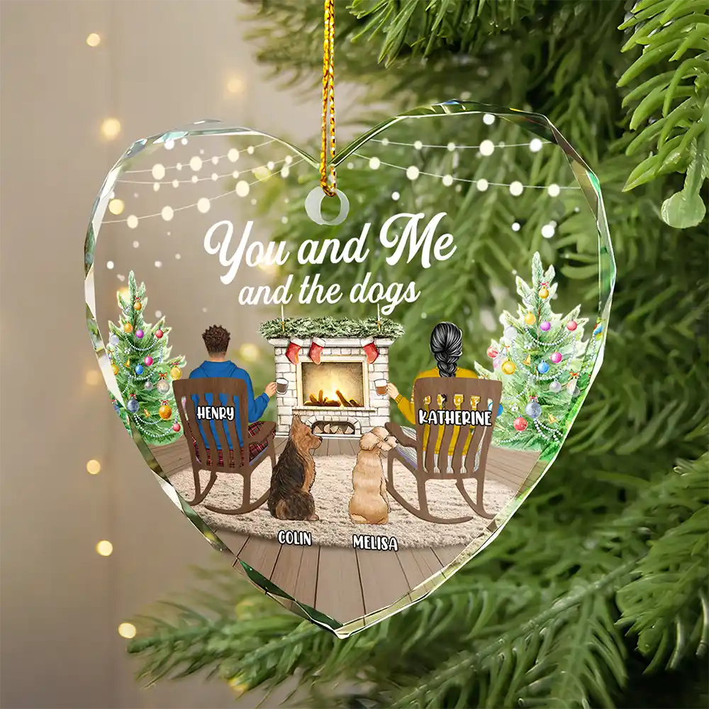 You And Me And The Dogs Cozy Home - Personalized Heart Shaped Glass Ornament - Image 2