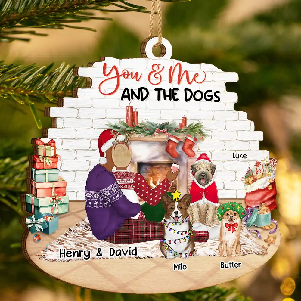 You And Me And The Dogs Hug Couples Christmas - Personalized Custom Shaped Wooden Ornament - Image 3