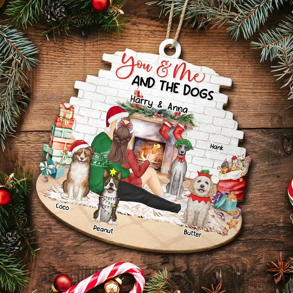 You And Me And The Dogs Hug Couples Christmas - Personalized Custom Shaped Wooden Ornament - Image 5