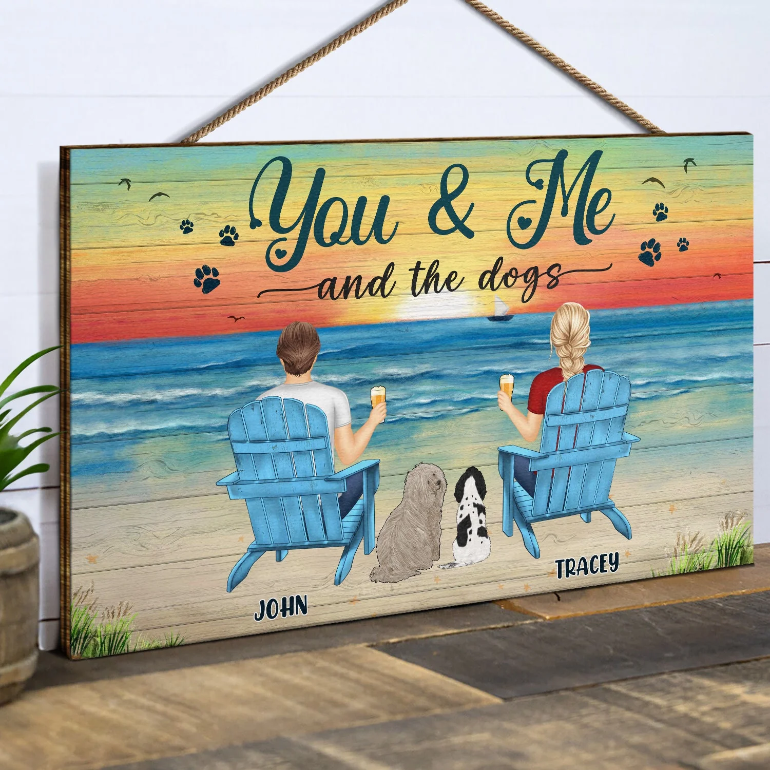 You And Me And The Dogs Peace Beach View - Gift For Pet Lovers - Personalized Wood Rectangle Sign - Image 2