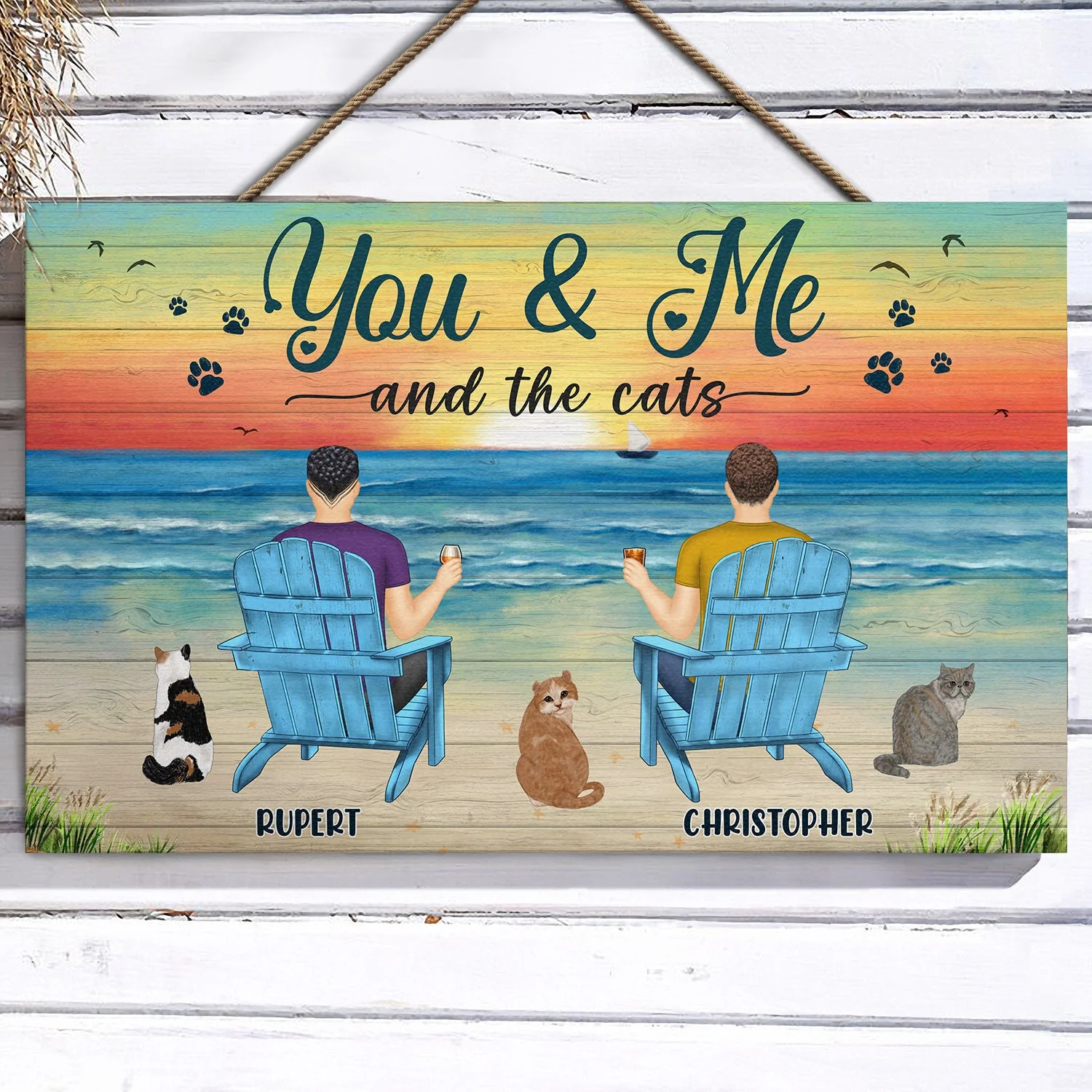 You And Me And The Dogs Peace Beach View - Gift For Pet Lovers - Personalized Wood Rectangle Sign - Image 3
