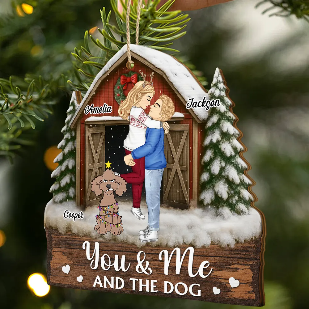 You And Me And The Dogs Pet Couple Red Barn - Personalized Custom Shaped Wooden Ornament - Image 2