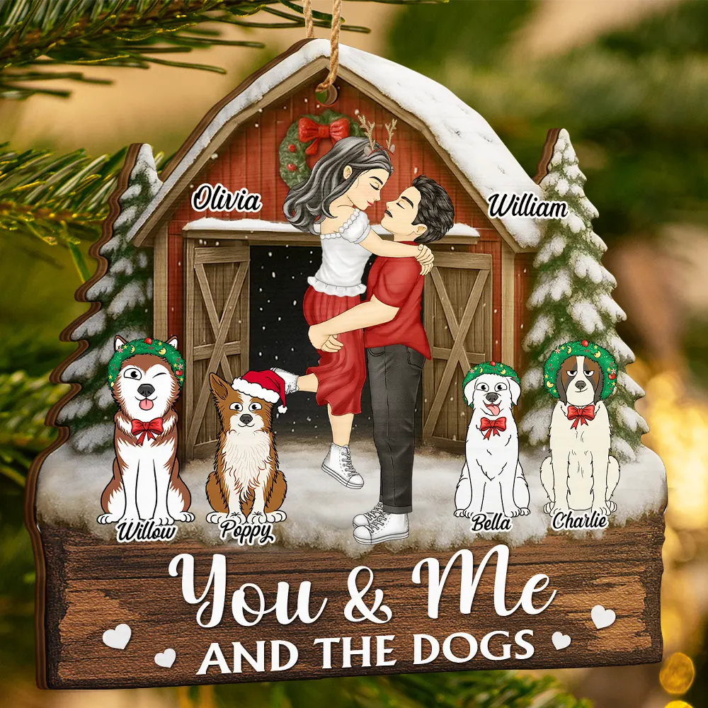 You And Me And The Dogs Pet Couple Red Barn - Personalized Custom Shaped Wooden Ornament - Image 3
