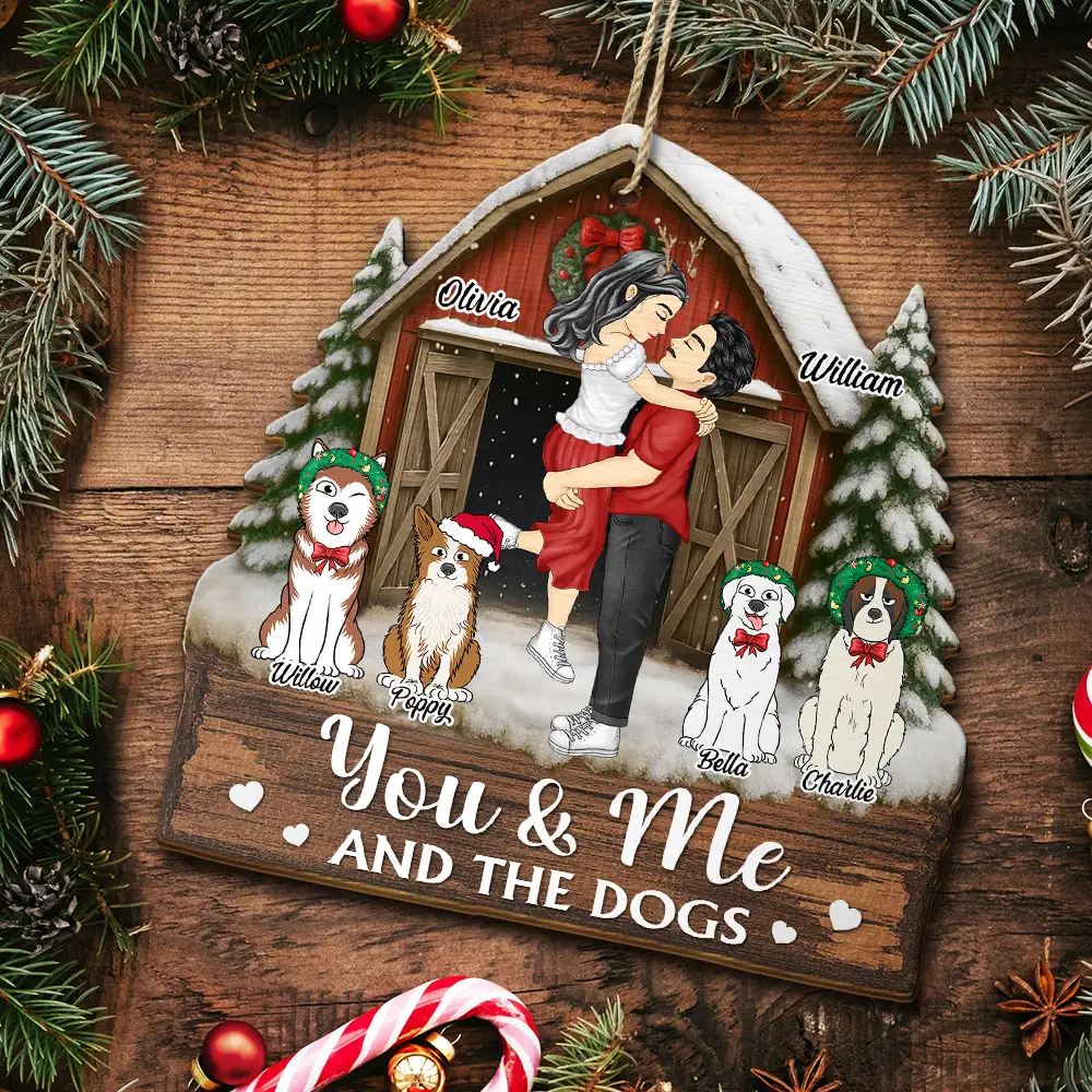 You And Me And The Dogs Pet Couple Red Barn - Personalized Custom Shaped Wooden Ornament - Image 5