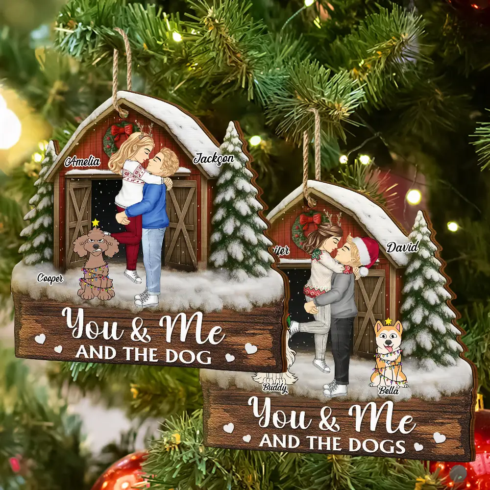You And Me And The Dogs Pet Couple Red Barn - Personalized Custom Shaped Wooden Ornament - Image 6