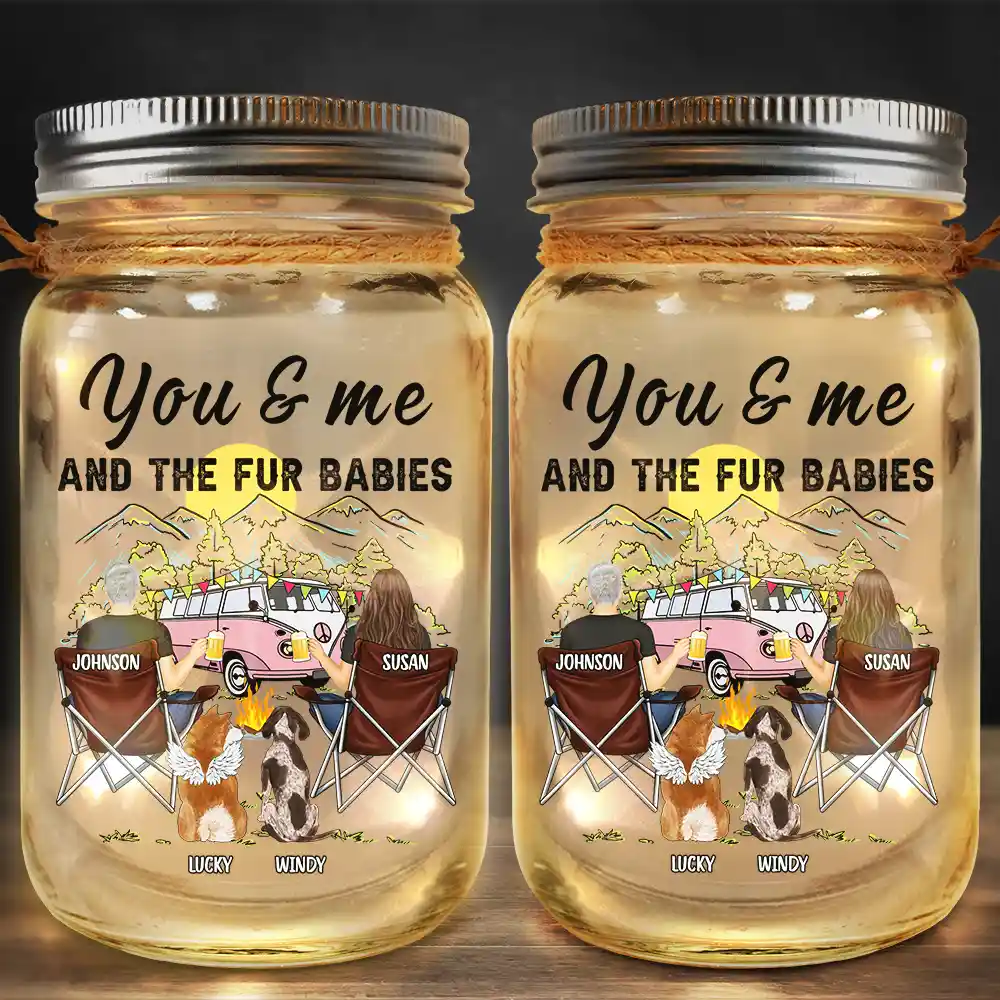 You And Me And The Fur Babies Camping Couples - Personalized Mason Jar Light - Image 2