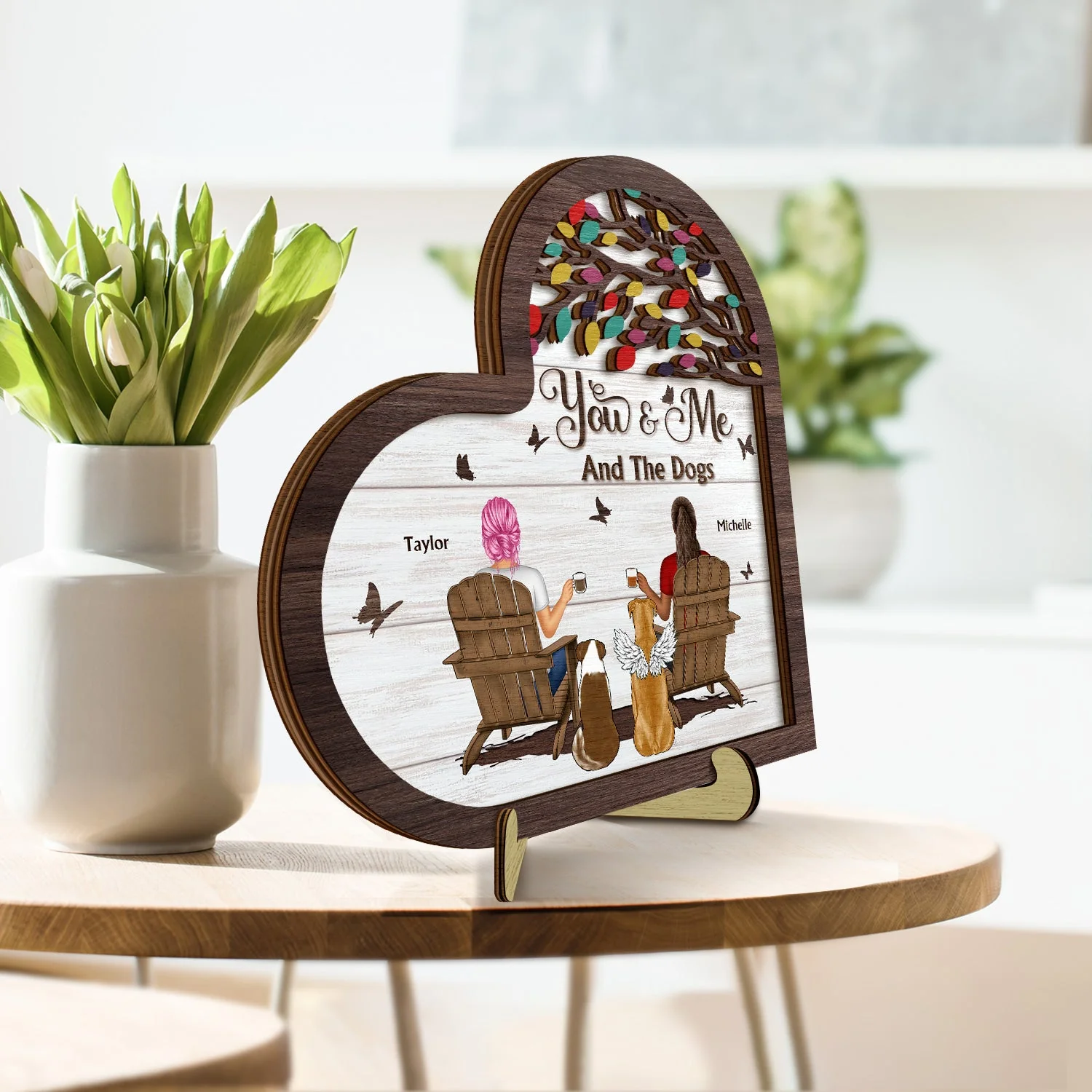 You And Me And The Fur Babies - Gift For Pet Couples - Personalized 2-Layered Wooden Plaque With Stand - Image 4