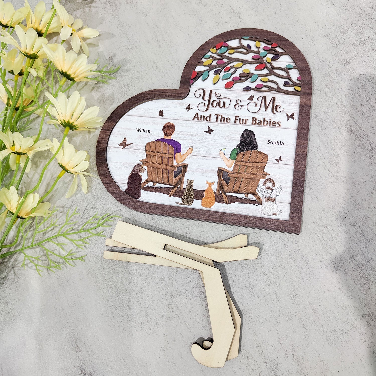 You And Me And The Fur Babies - Gift For Pet Couples - Personalized 2-Layered Wooden Plaque With Stand - Image 6