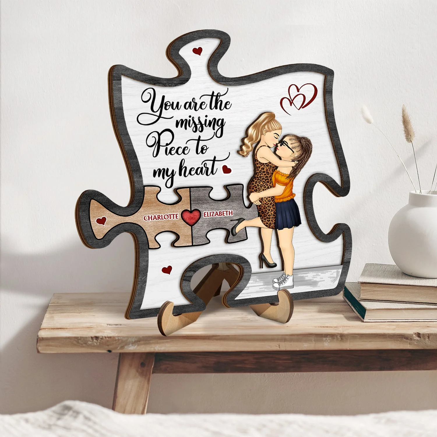 You Are My Missing Piece To My Heart - Anniversary Gift For Spouse, Lover, Couple - Personalized 2-Layered Wooden Plaque With Stand - Image 2