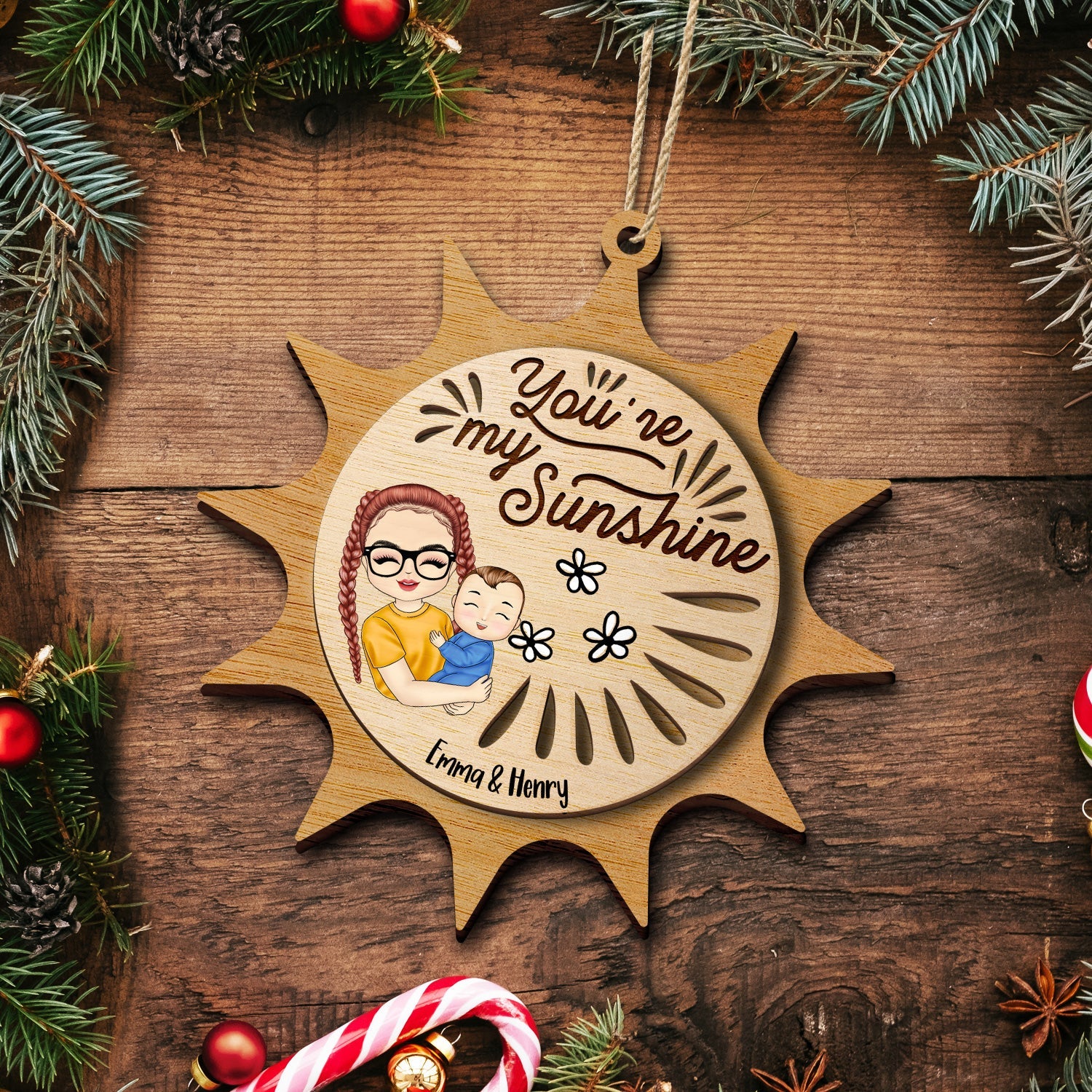You Are My Sunshine Grandkids - Christmas Gift For Grandmother, Mother, Grandkids - Personalized 2-Layered Wooden Ornament - Image 5