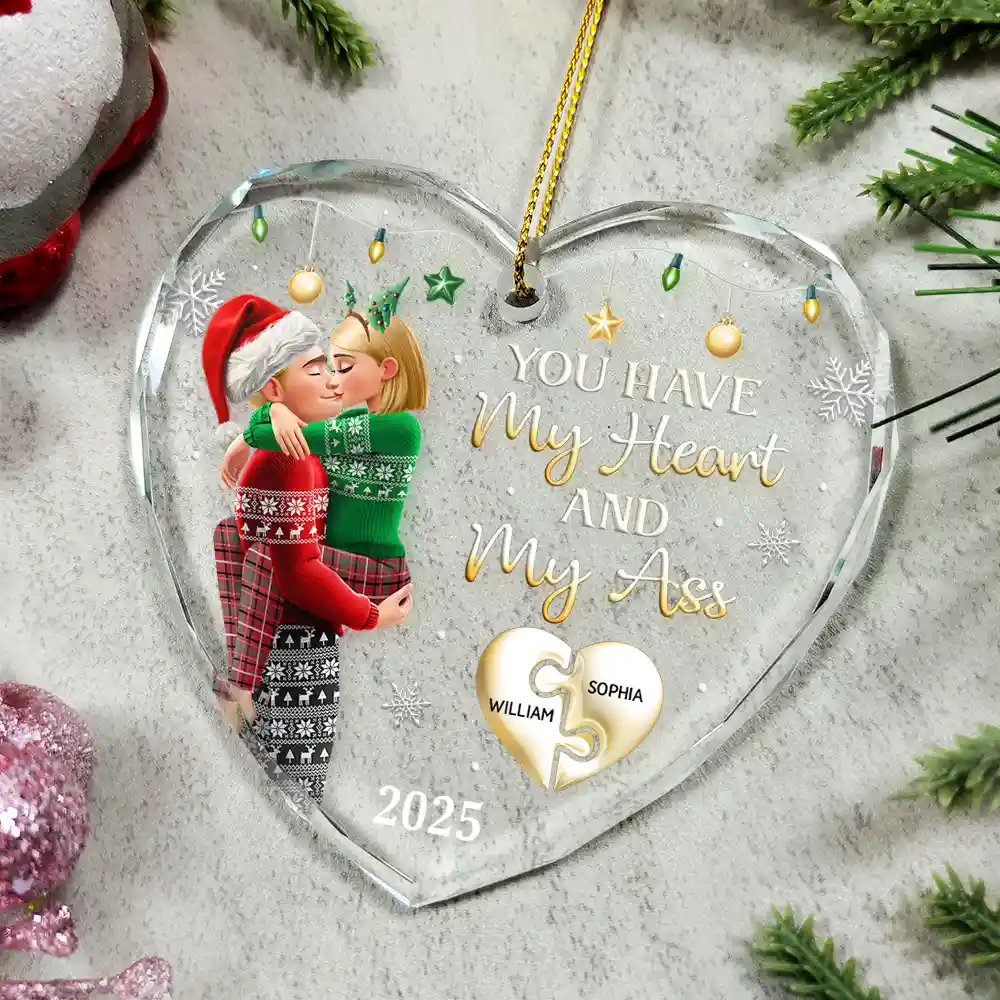 You Have My Heart Couple - Personalized Heart Shaped Glass Ornament - Image 4