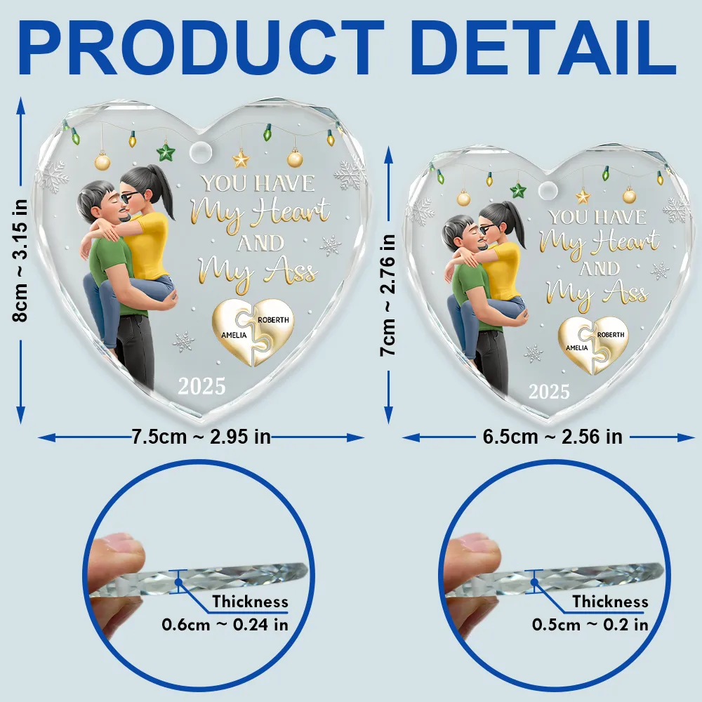 You Have My Heart Couple - Personalized Heart Shaped Glass Ornament - Image 5
