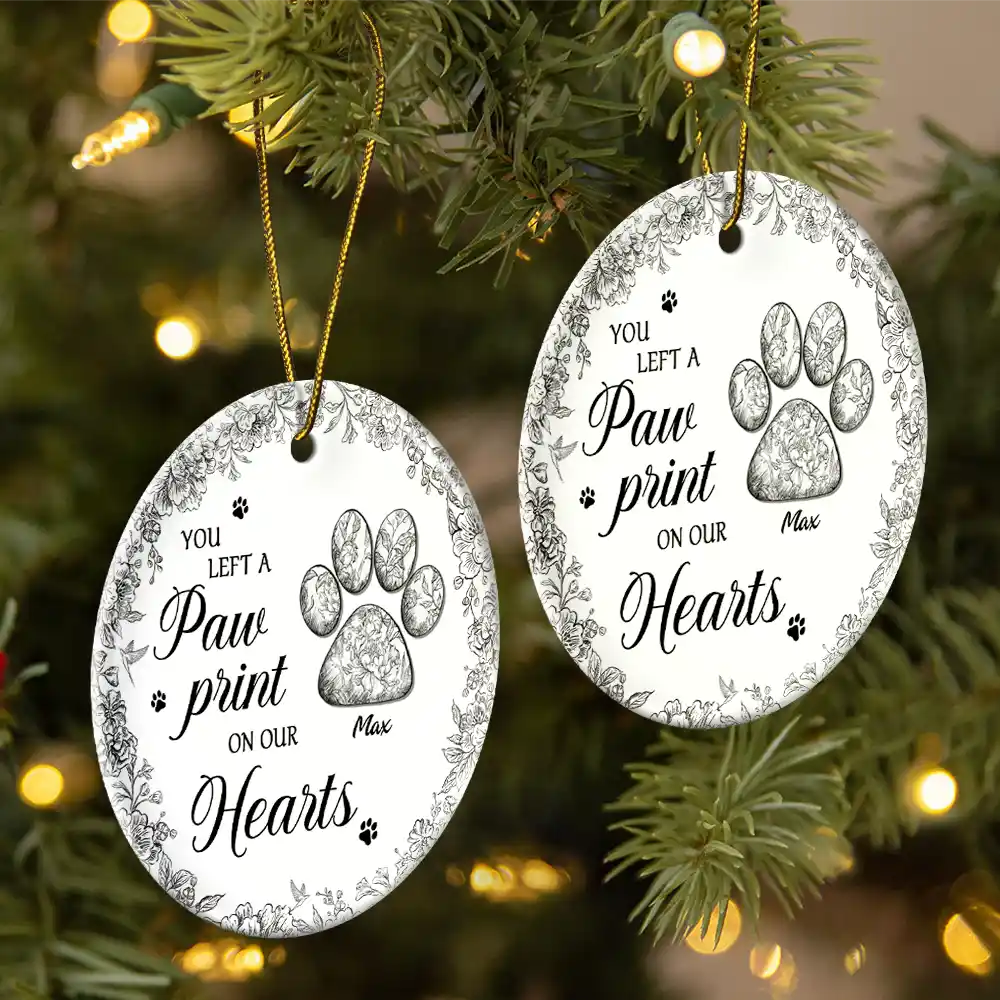 You Left Paw Prints On My Heart Memorial - Personalized Circle Ceramic Ornament - Image 2