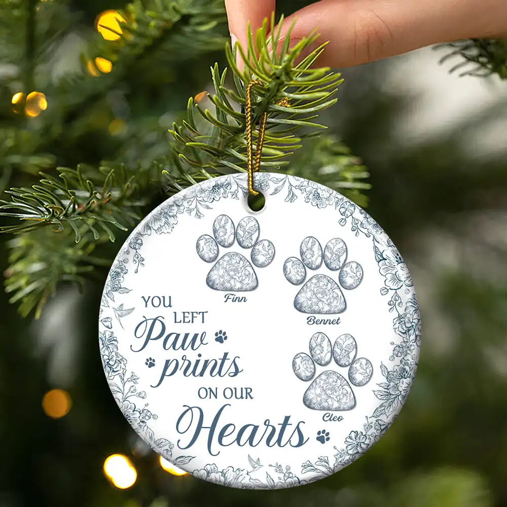 You Left Paw Prints On My Heart Memorial - Personalized Circle Ceramic Ornament - Image 3