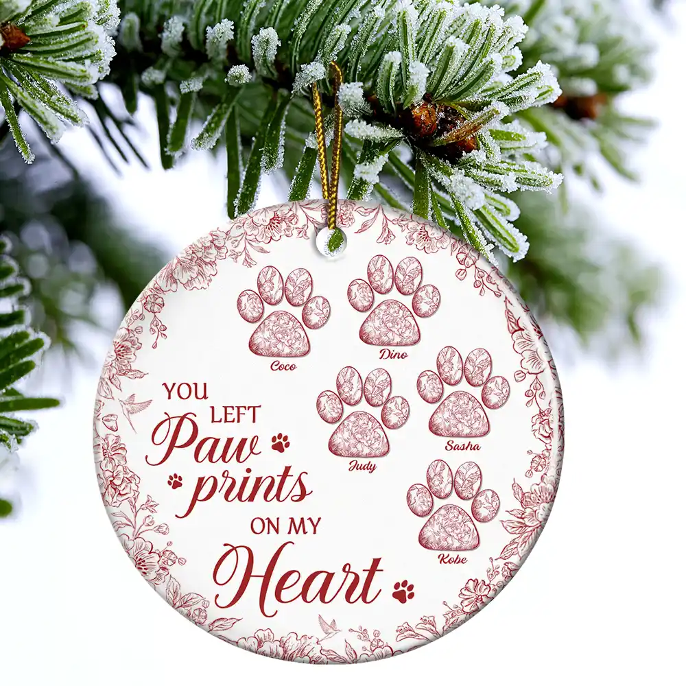 You Left Paw Prints On My Heart Memorial - Personalized Circle Ceramic Ornament - Image 4