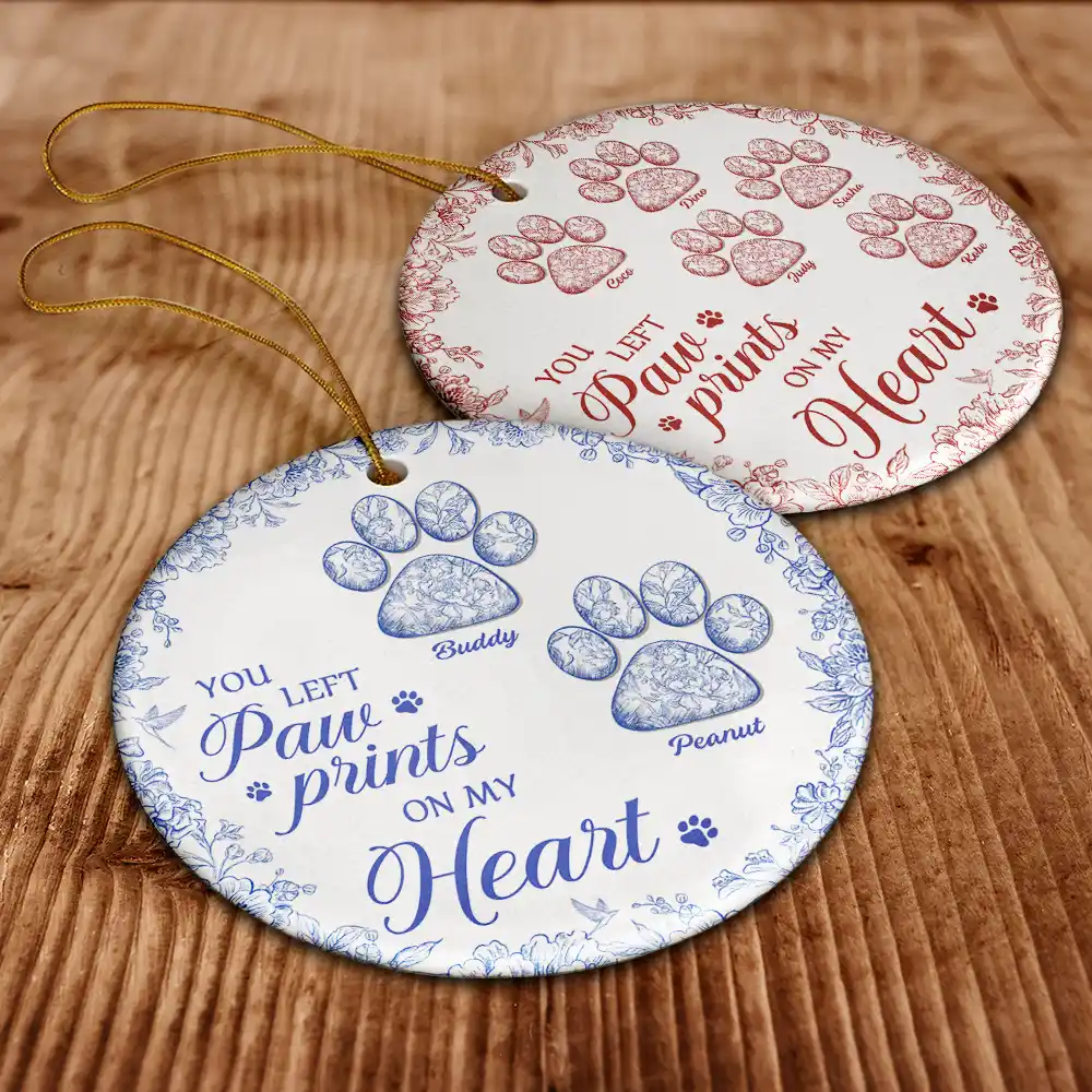 You Left Paw Prints On My Heart Memorial - Personalized Circle Ceramic Ornament - Image 6