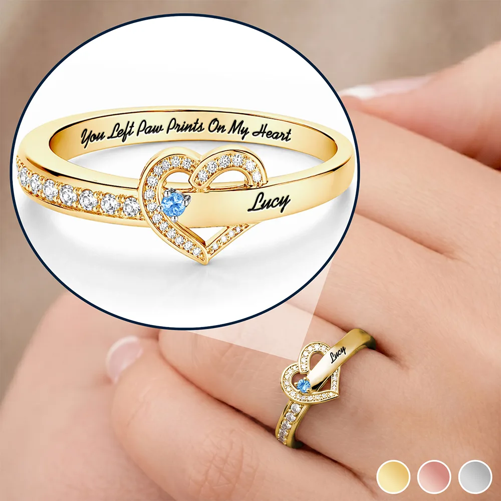You Left Paw Prints On My Heart - Personalized Birthstone Heart Ring