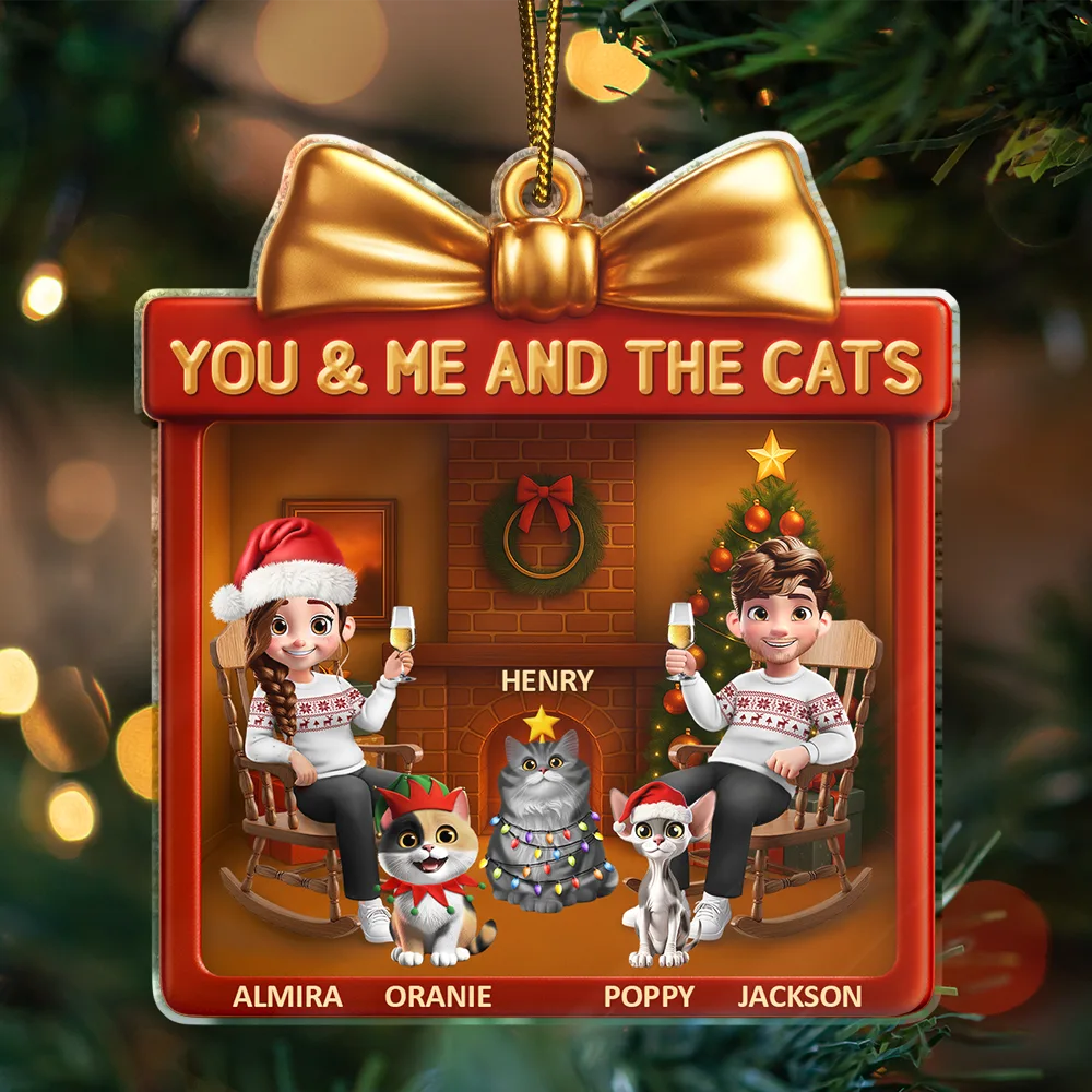You & Me And The Cat 3D Effect Couple Gift Shaped - Personalized Custom Shaped Acrylic Ornament - Image 3