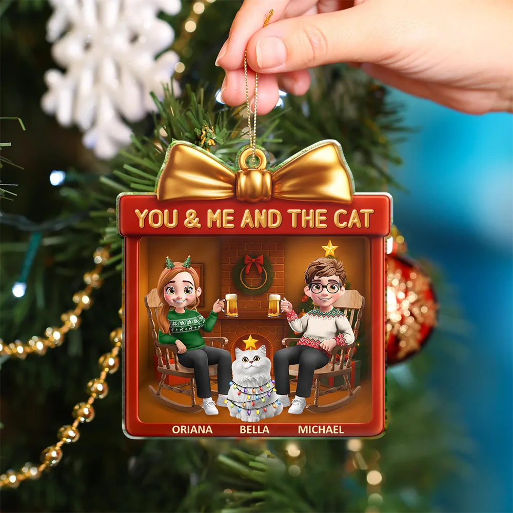 You & Me And The Cat 3D Effect Couple Gift Shaped - Personalized Custom Shaped Acrylic Ornament - Image 4