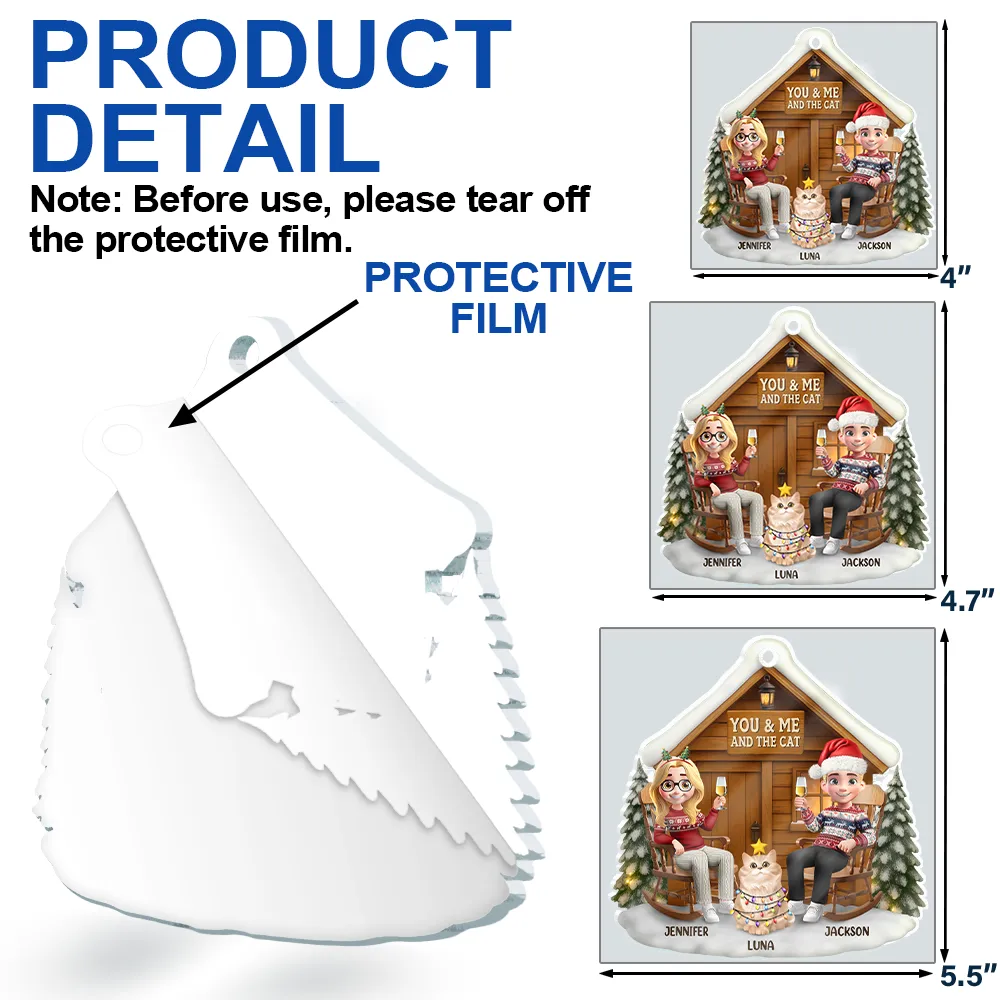 You & Me And The Cat 3D Effect Couple - Personalized Custom Shaped Acrylic Ornament - Image 6