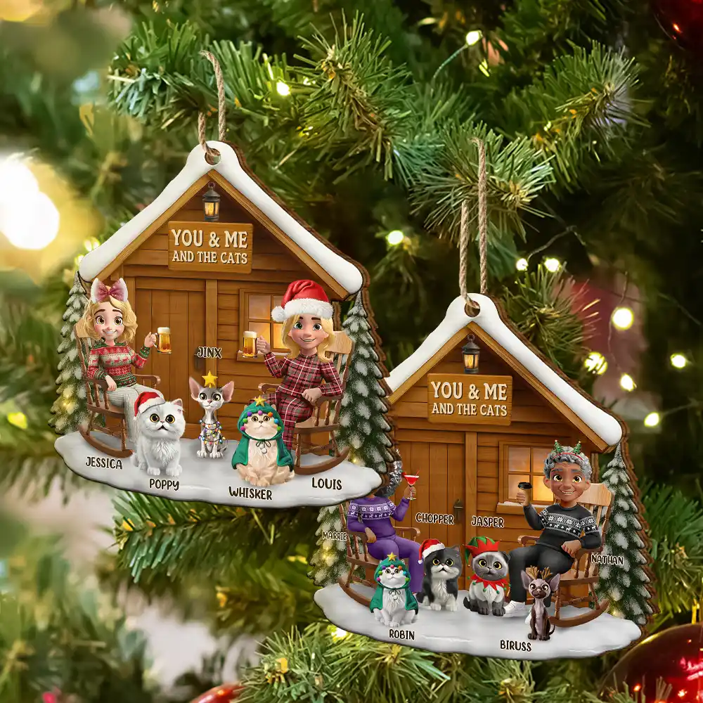 You & Me And The Cat 3D Effect Couple - Personalized Custom Shaped Wooden Ornament - Image 6