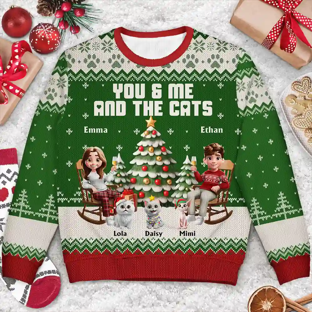 You & Me And The Cat 3D Effect Couple - Personalized Unisex Ugly Sweater - Image 3